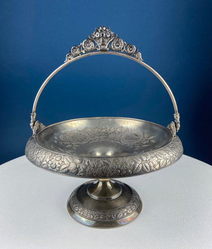 Victorian Silver Plated Fruit Pedestal with Handle. Bridal Basket. Stunning Butterflies & Flowers Relief. Table Holiday Centerpiece.
