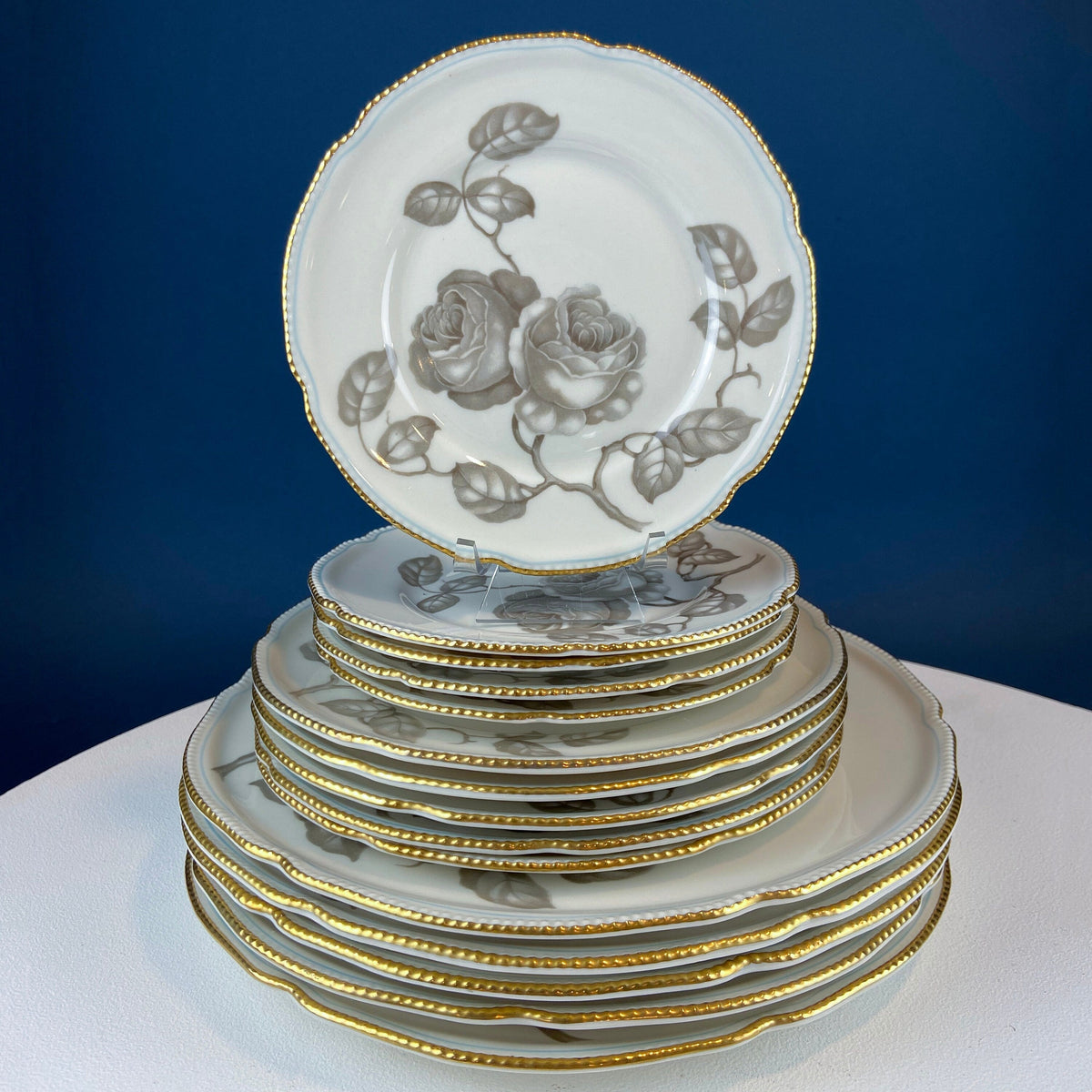 24 Piece Porcelain Dinner Set. Castleton Gloria. Beautiful Neutral Hand Painted Roses. 5 Dinner, Salad, Dessert Plates, Berry Bowls, 4 Cups.