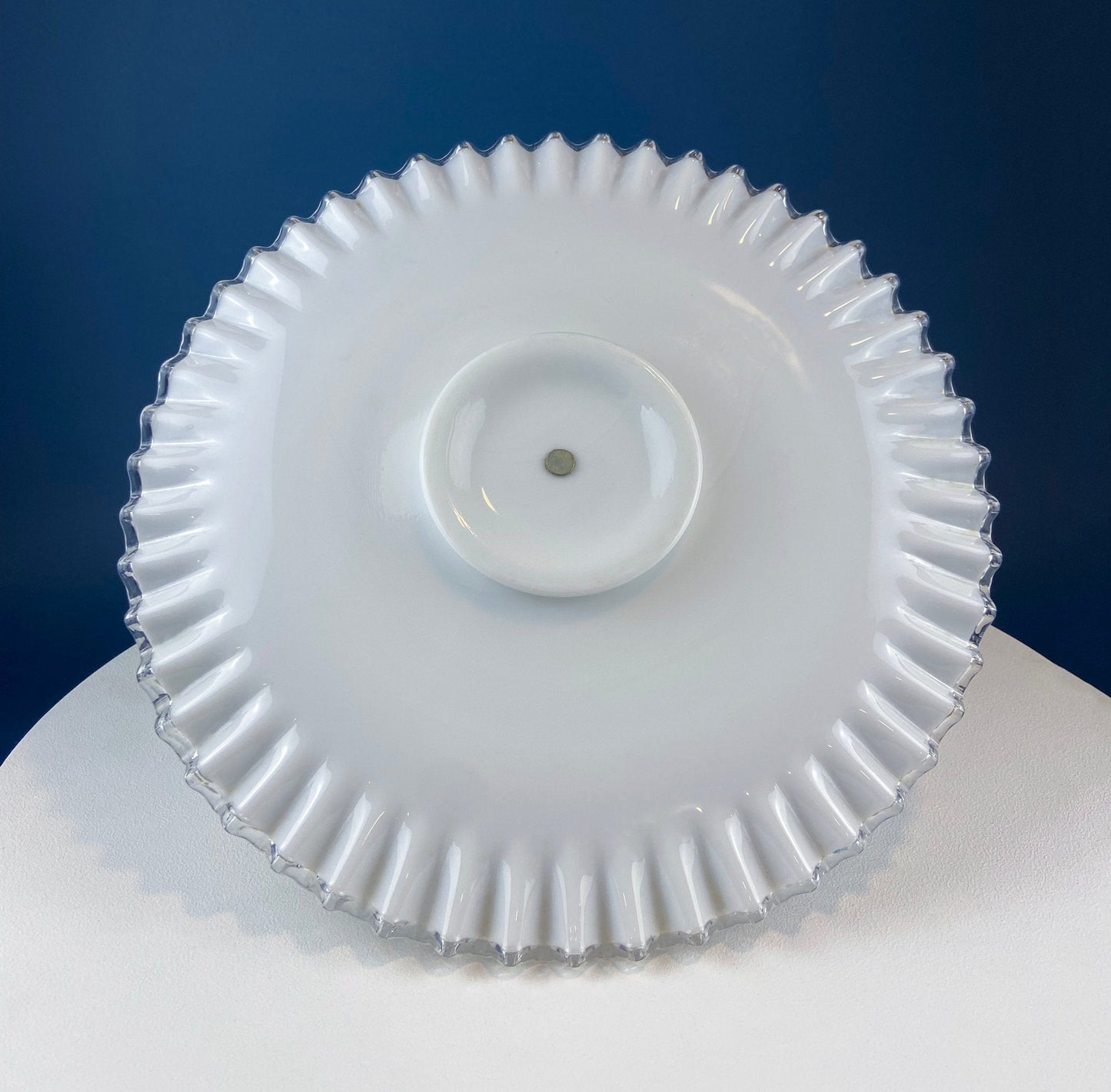 Huge Vintage Fenton Silver Crest Milk Glass Sweets Serving Stand with Silver Handle. White Bakery Serving Dish with Clear Ruffled Edge.