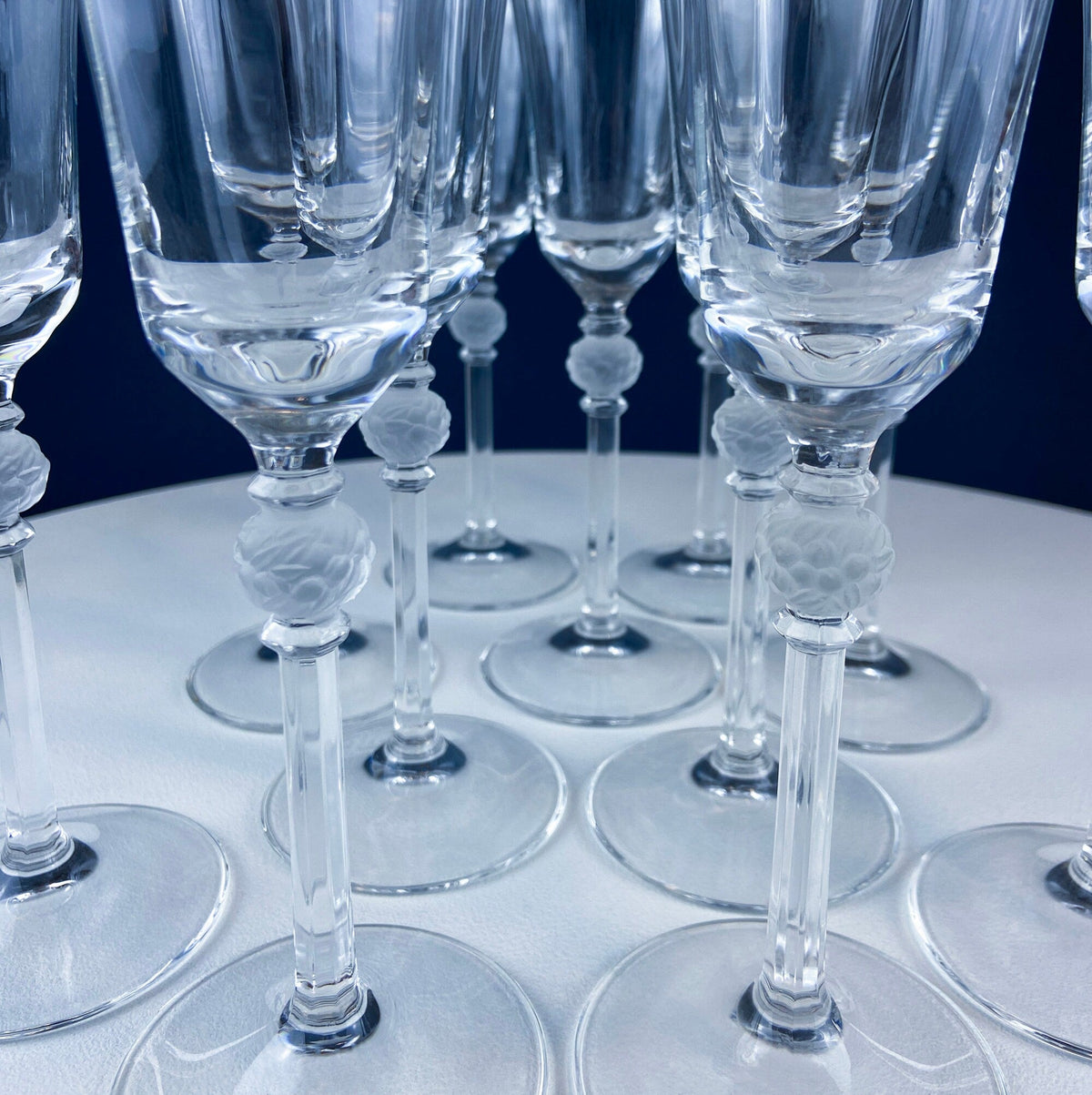 Crystal Champagne Glasses with Ball Stem. Enchantress by Mikasa. Frosted Ball Shaped like Berries & Leaves. Set of 11. Beautiful Ping.