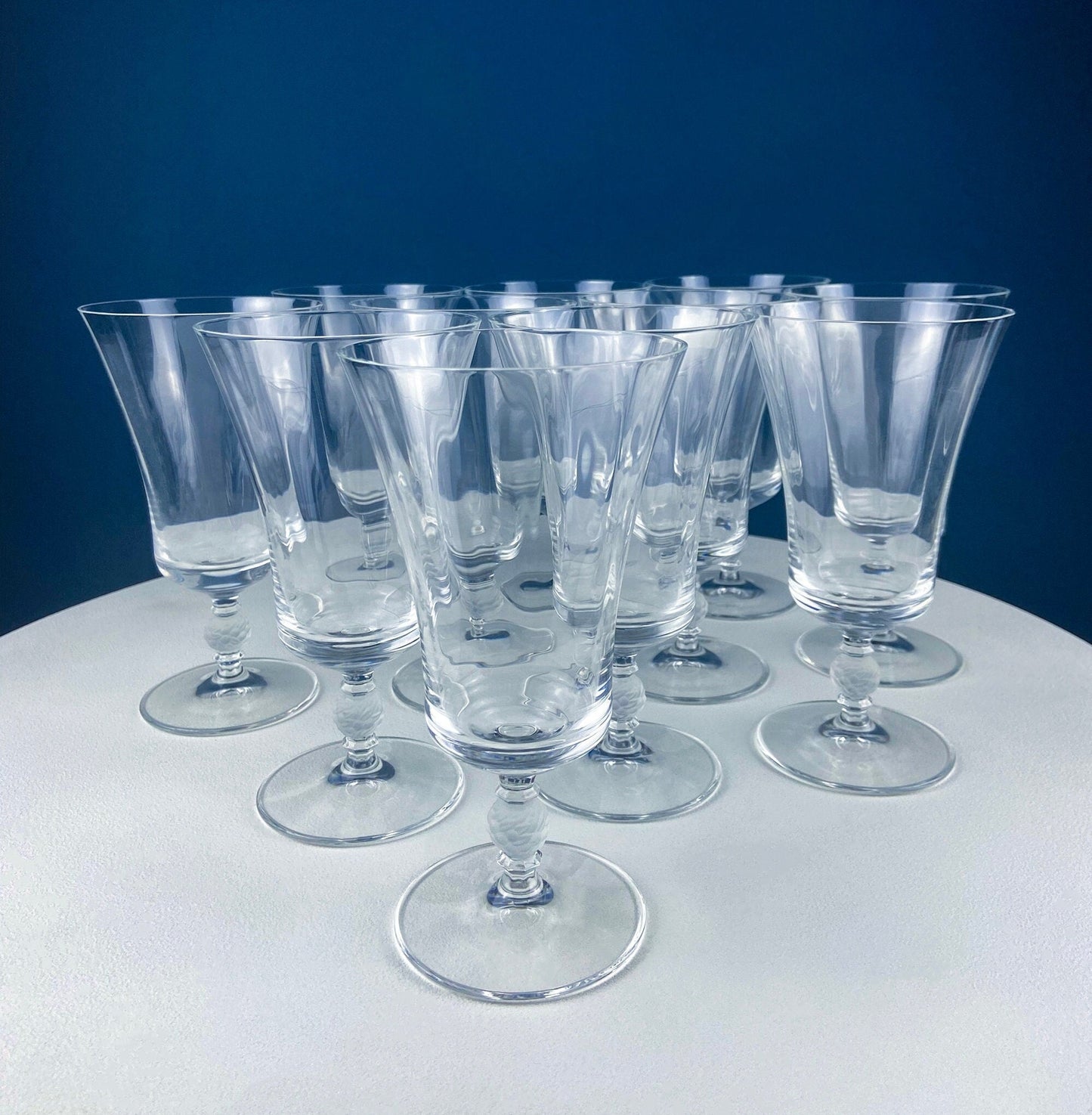Crystal Water/Ice Tea Goblets with Ball Stem. Enchantress by Mikasa. Frosted Ball Shaped like Berries & Leaves. Set of 10. Beautiful Ping.