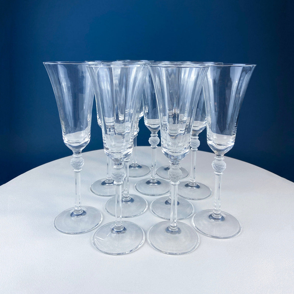 Crystal Champagne Glasses with Ball Stem. Enchantress by Mikasa. Frosted Ball Shaped like Berries & Leaves. Set of 11. Beautiful Ping.