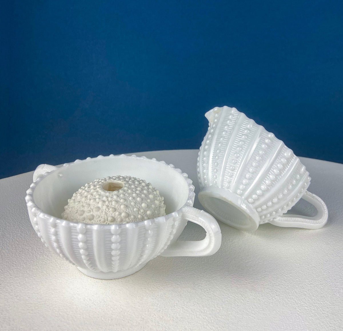 Milk Glass Sea-Urchins Creamer and Sugar. Nautical Themed White Serving Dishes/Accessories. Set of Two. Vacation, Tropical, 2nd Home.