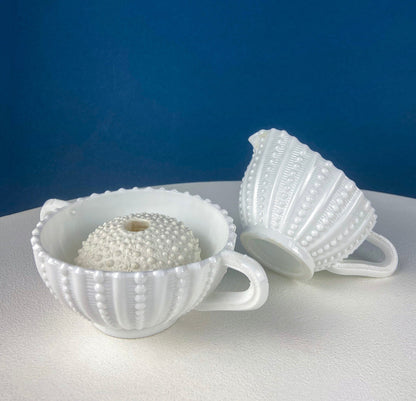 Milk Glass Sea-Urchins Creamer and Sugar. Nautical Themed White Serving Dishes/Accessories. Set of Two. Vacation, Tropical, 2nd Home.
