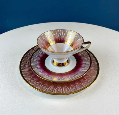 Antique Bavarian Porcelain Tea Trio. Z and Co, Tirschenreuther. Cup, Saucer, and Dessert Plate in Rich Gold and Blue. Modern Floral Pattern.