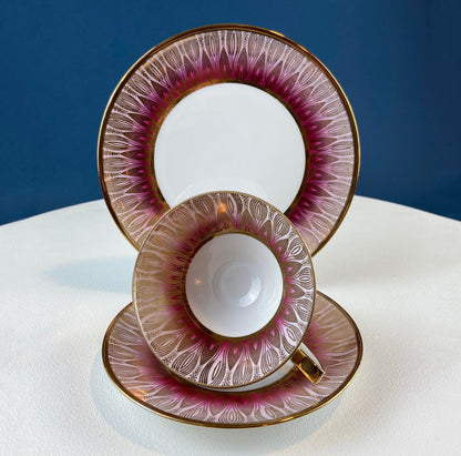 Antique Bavarian Porcelain Tea Trio. Winterling Roslaw. Cup, Saucer, and Dessert Plate in Gold and Pink. Modern Lotus Pattern.