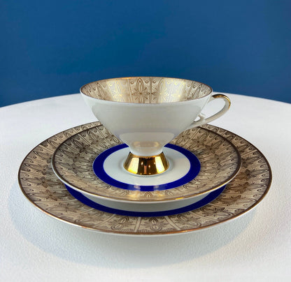 Vintage Paragon Cup and Saucer. Porcelain Tea Set. Lt Yellow with Dark Blue and Gold Bend. Rose Motif.  Excellent Gift Idea for Tea Lover.