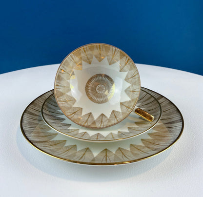 Antique Bavarian Porcelain Tea Set: Gold Geometrical Trio