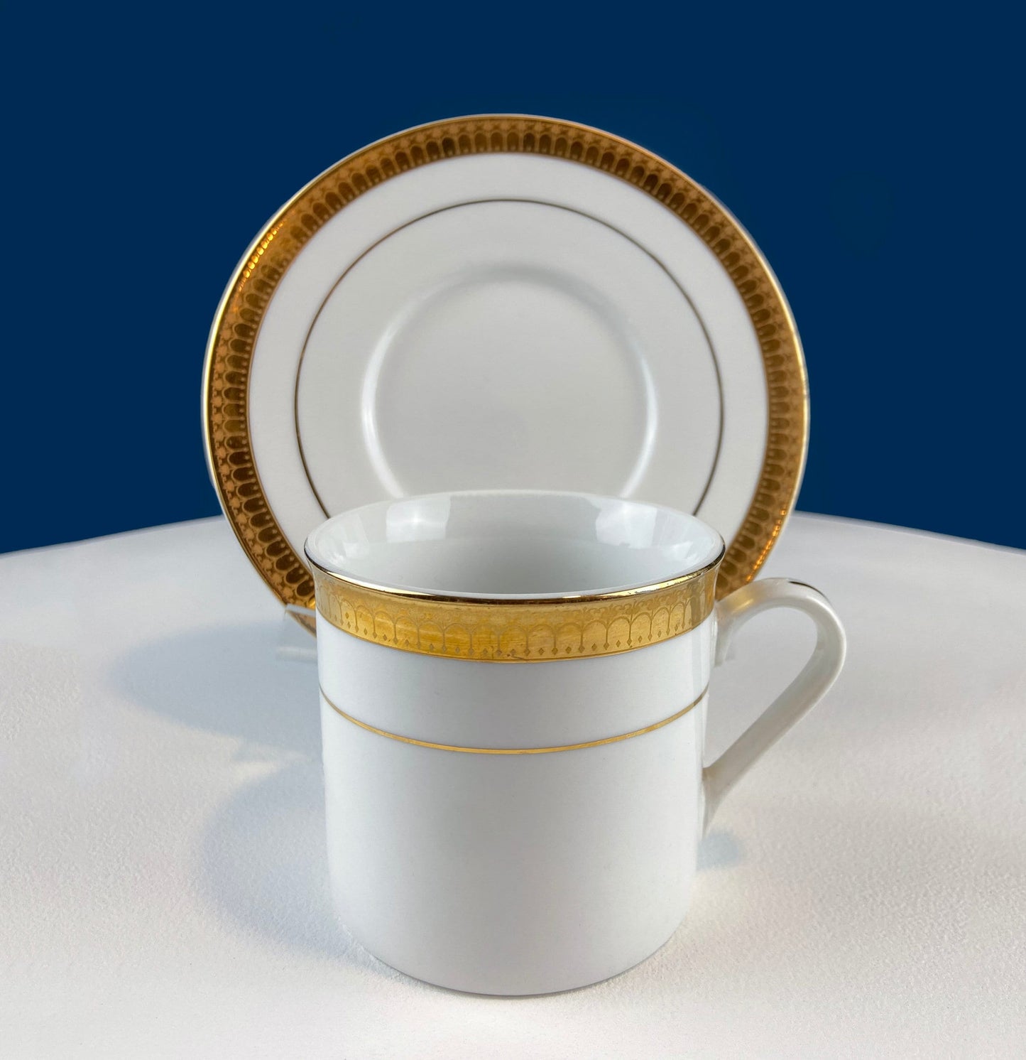 White China Cups and Saucers: Gold Embossed Band, Set of 5