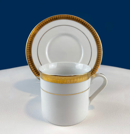 White China Cups and Saucers: Gold Embossed Band, Set of 5