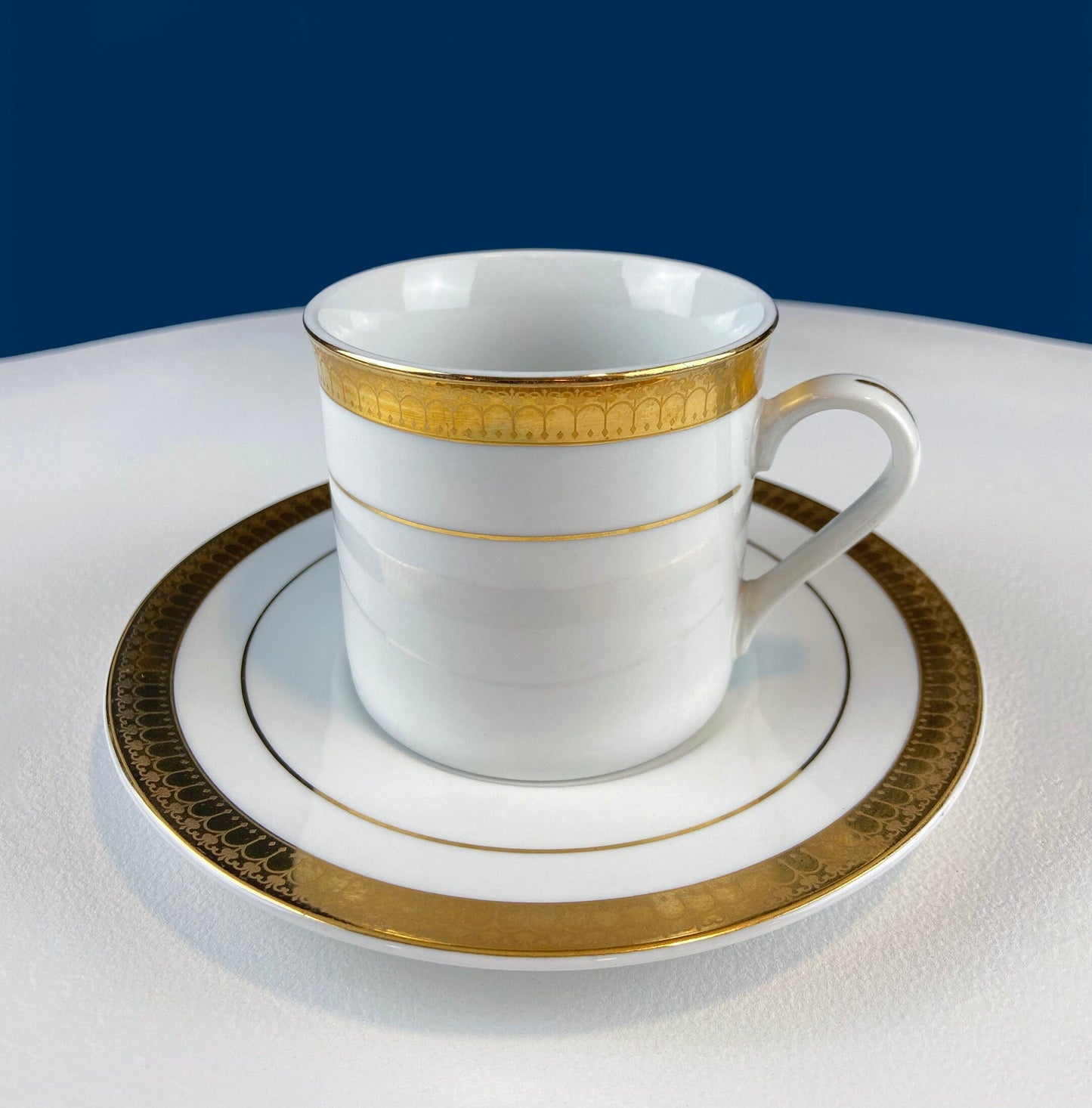 White China Cups and Saucers: Gold Embossed Band, Set of 5