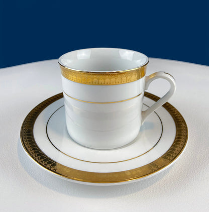 White China Cups and Saucers: Gold Embossed Band, Set of 5