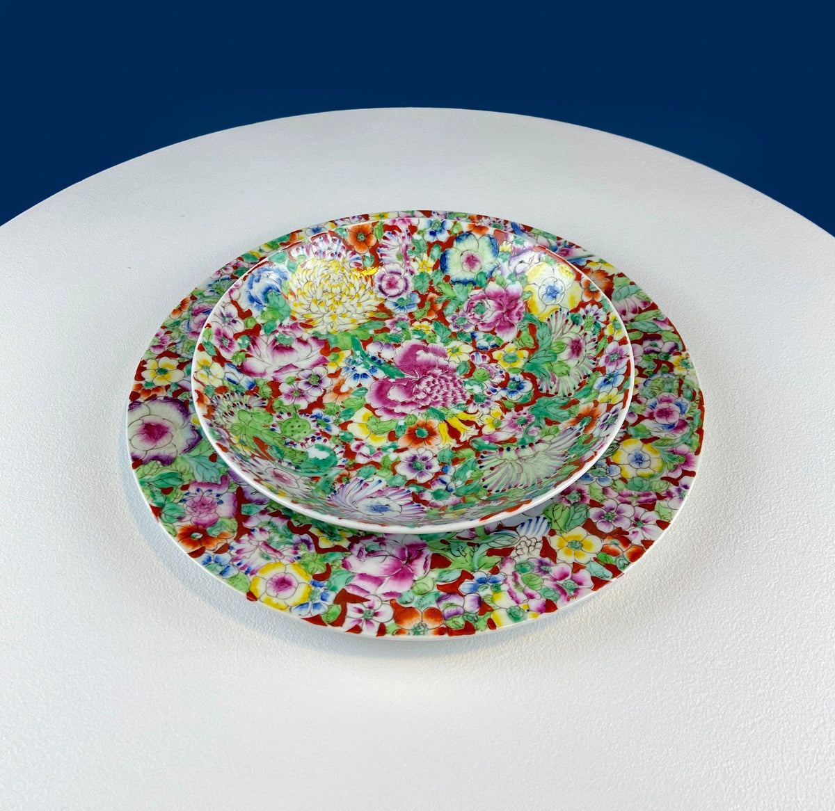 Hand-Painted Floral Porcelain Plate and Bowl Set, Japanese A.C.F.