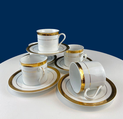 White China Cups and Saucers: Gold Embossed Band, Set of 5