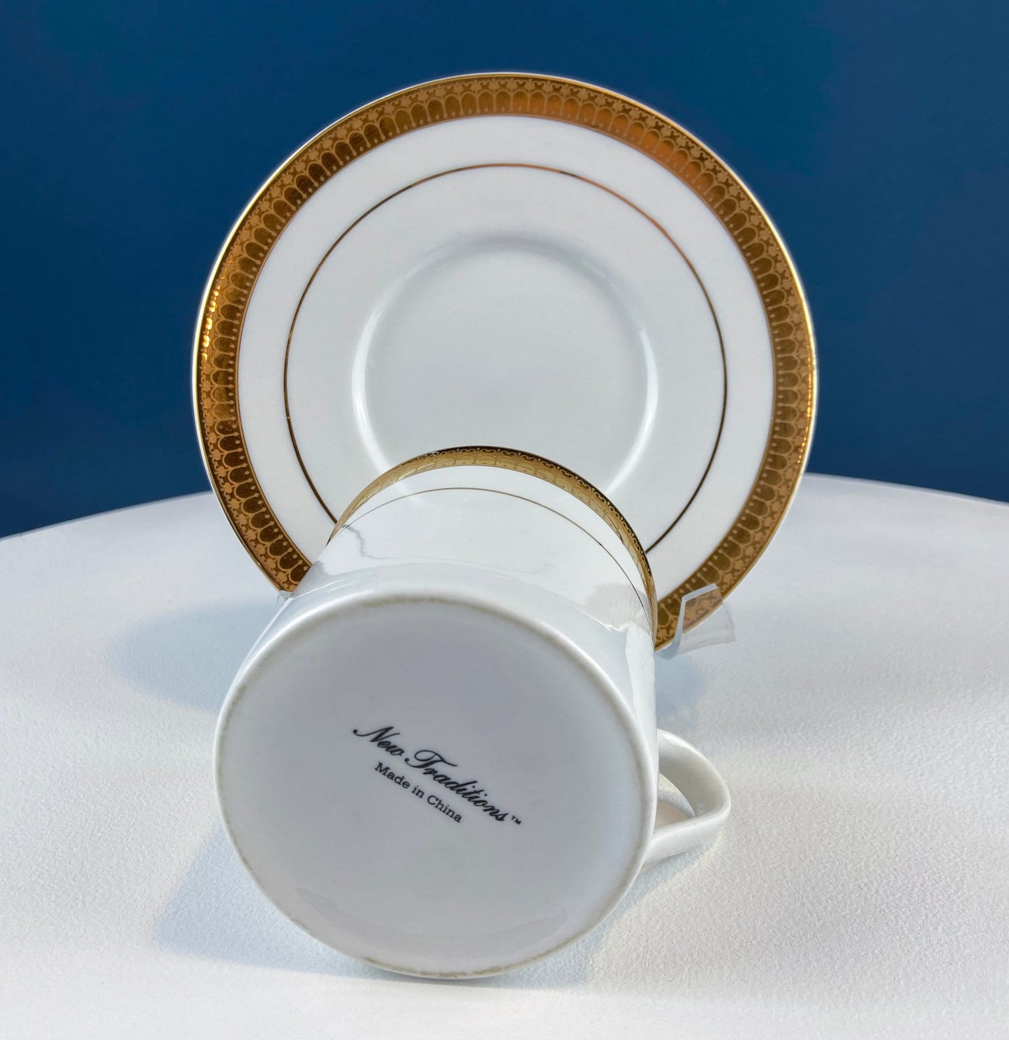 White China Cups and Saucers: Gold Embossed Band, Set of 5