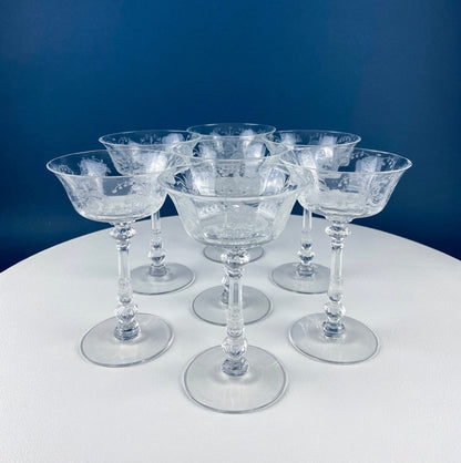 Heisey Wine Goblets. Set of 7 Orchid Pattern Etched Crystal Glasses. Home Gift. Dining Room Decor. Collectible Glassware.