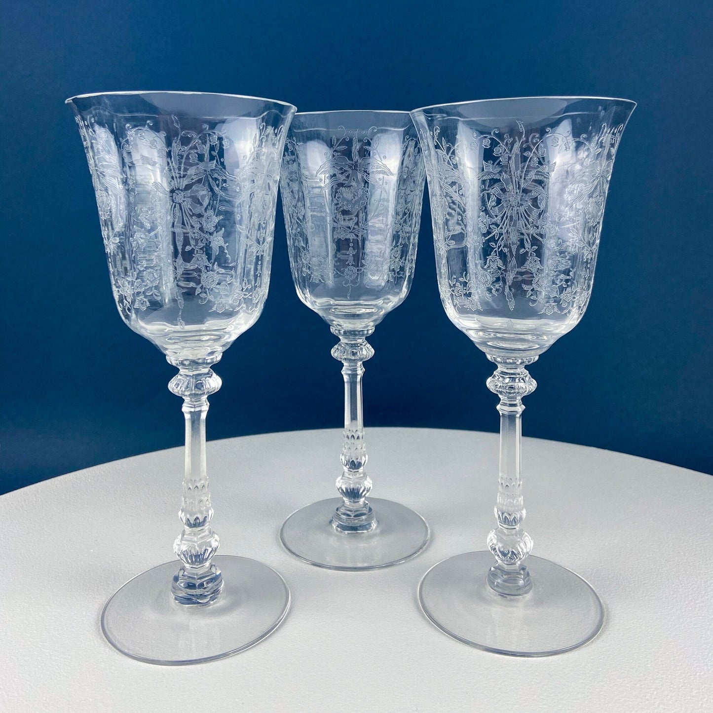 Heisey Wine Goblets. Set of 7 Orchid Pattern Etched Crystal Glasses. Home Gift. Dining Room Decor. Collectible Glassware.