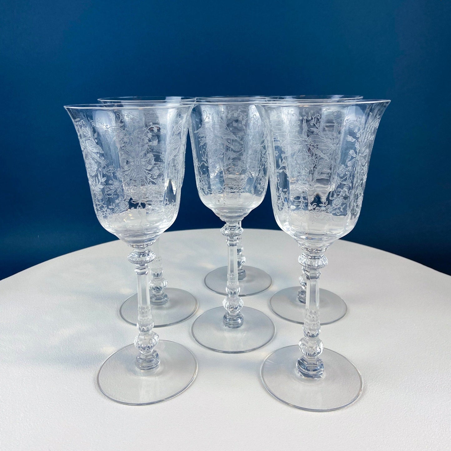 Heisey Wine Goblets. Set of 7 Orchid Pattern Etched Crystal Glasses. Home Gift. Dining Room Decor. Collectible Glassware.