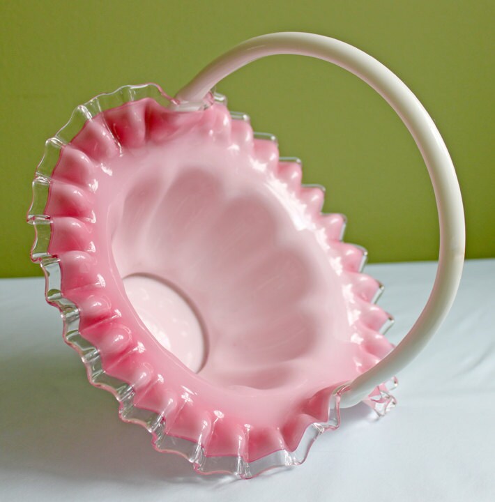 Crystal Basket /  Pink Crest and Silvercrest Bowl with Handle.  Ruffled Scalloped Rim.  Gift for Her.