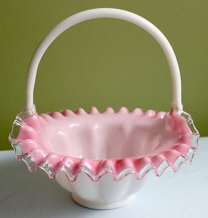 Milk Glass Basket. Large, Pinched Basket with Waffle Pattern, Embossed Circles, and Lacey Edge. Fruit Basket. Table Centerpiece.