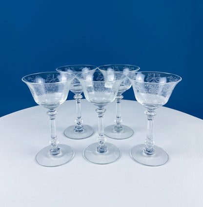 Heisey Sweet Wine, Liquor Glasses. Set of 6 Orchid Pattern Etched Crystal Sherbets. Home Gift. Dining Room Decor. Collectible Glassware.