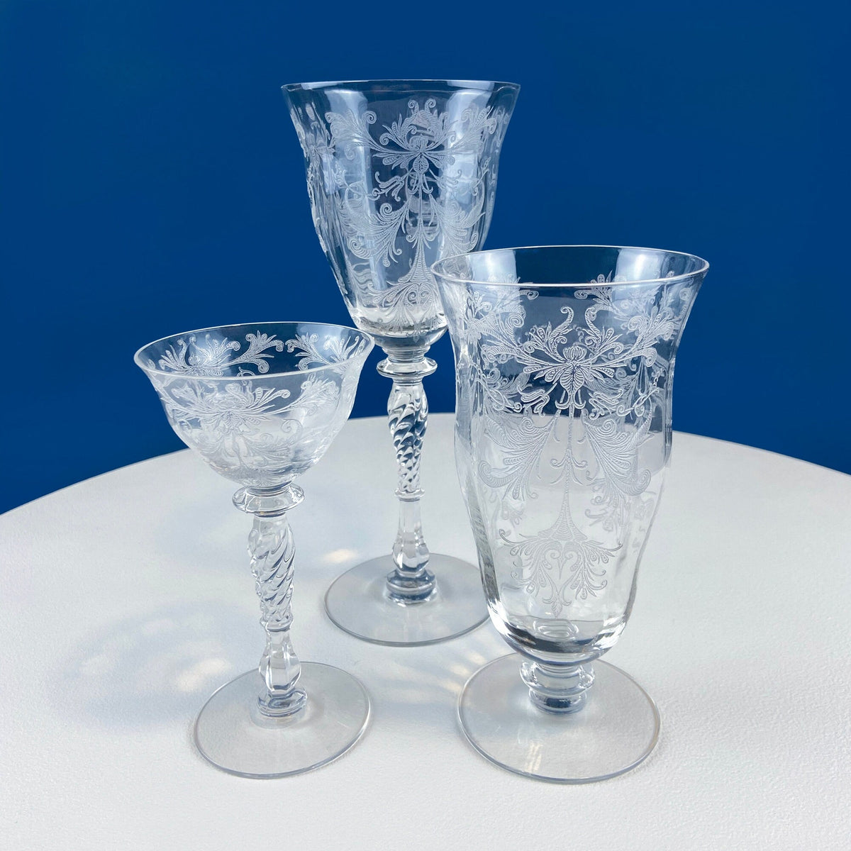 Tiffin Franciscan Water or Juice Glasses. Set of Five Byzantine Etched Stemware. Floral Motif. Fine Dining. Collectible Stemware.
