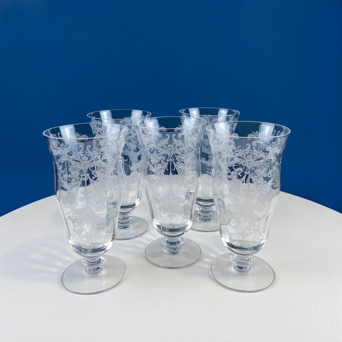 Tiffin Franciscan Sweet Wine Glasses. Set of Four Byzantine Etched Stemware. Floral Motif.