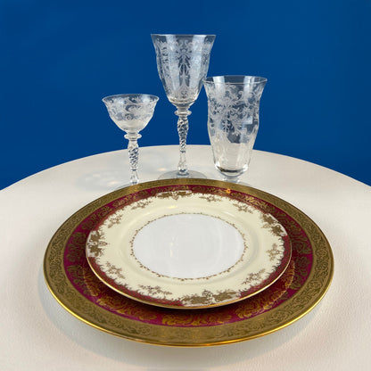 Tiffin Franciscan Sweet Wine Glasses. Set of Four Byzantine Etched Stemware. Floral Motif.