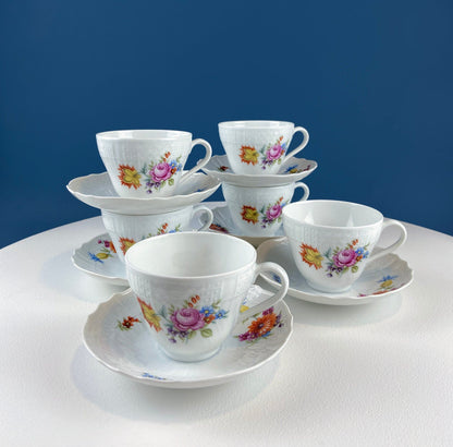 Antique Hutschenreuther Porcelain Coffee Set. Coffee or Teapot, Sugar Jar, Creamer, 2 8" Dessert Plates, & 6 Tea Cups/Saucers. Floral Motif.