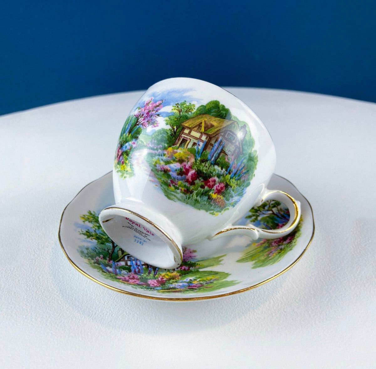 Vintage Royal Vale Tea Cup and Saucer: English Cottage Garden Motif