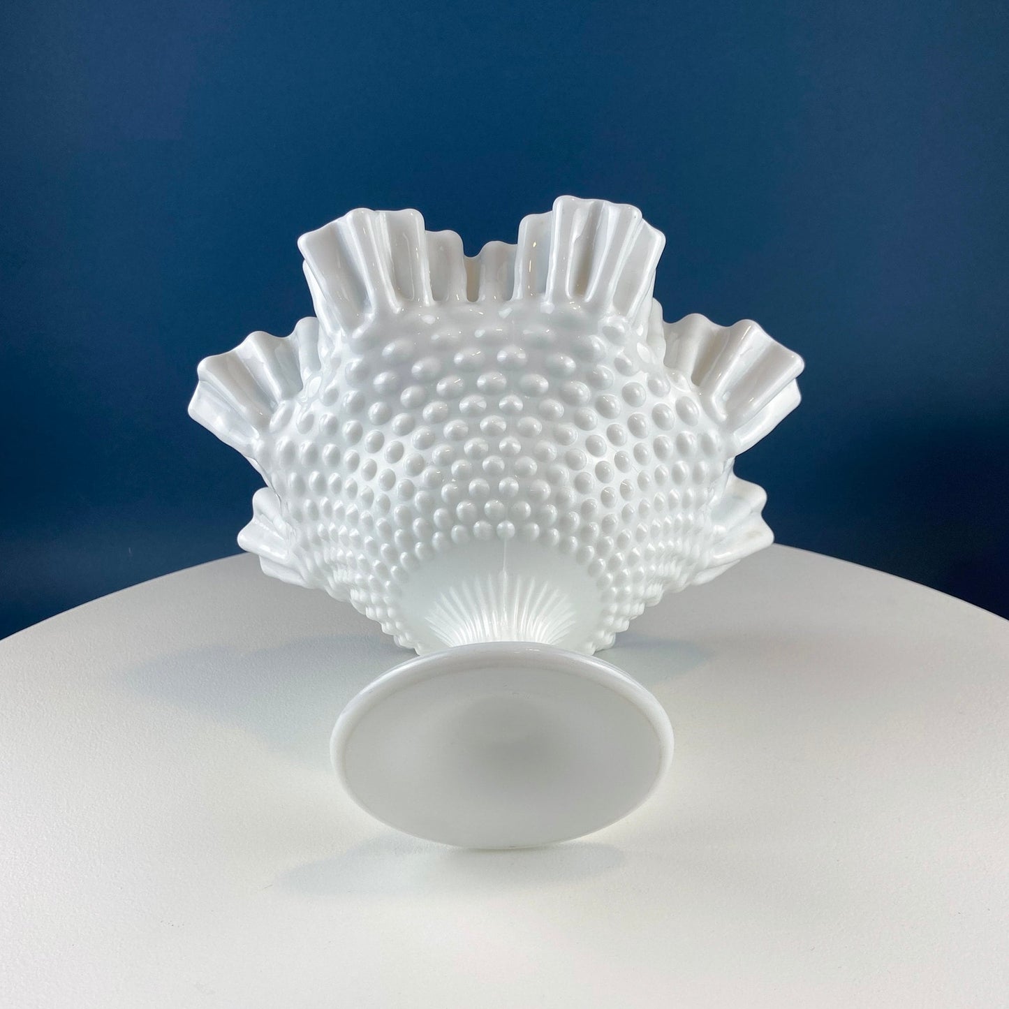 Fenton Milk Glass Hobnail Footed Bowl with Ruffled Edge. Collectible Compote. White Serving Dish. Dining Room Decor. Table Centerpiece.