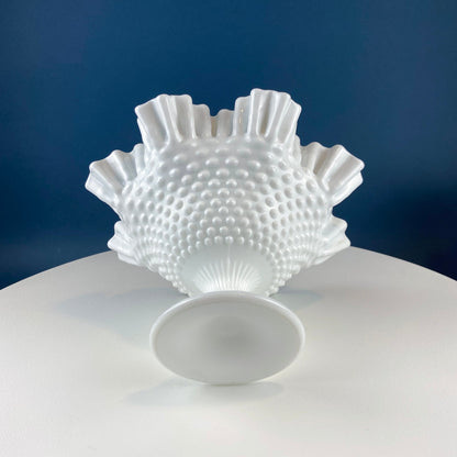 Fenton Milk Glass Hobnail Footed Bowl with Ruffled Edge. Collectible Compote. White Serving Dish. Dining Room Decor. Table Centerpiece.