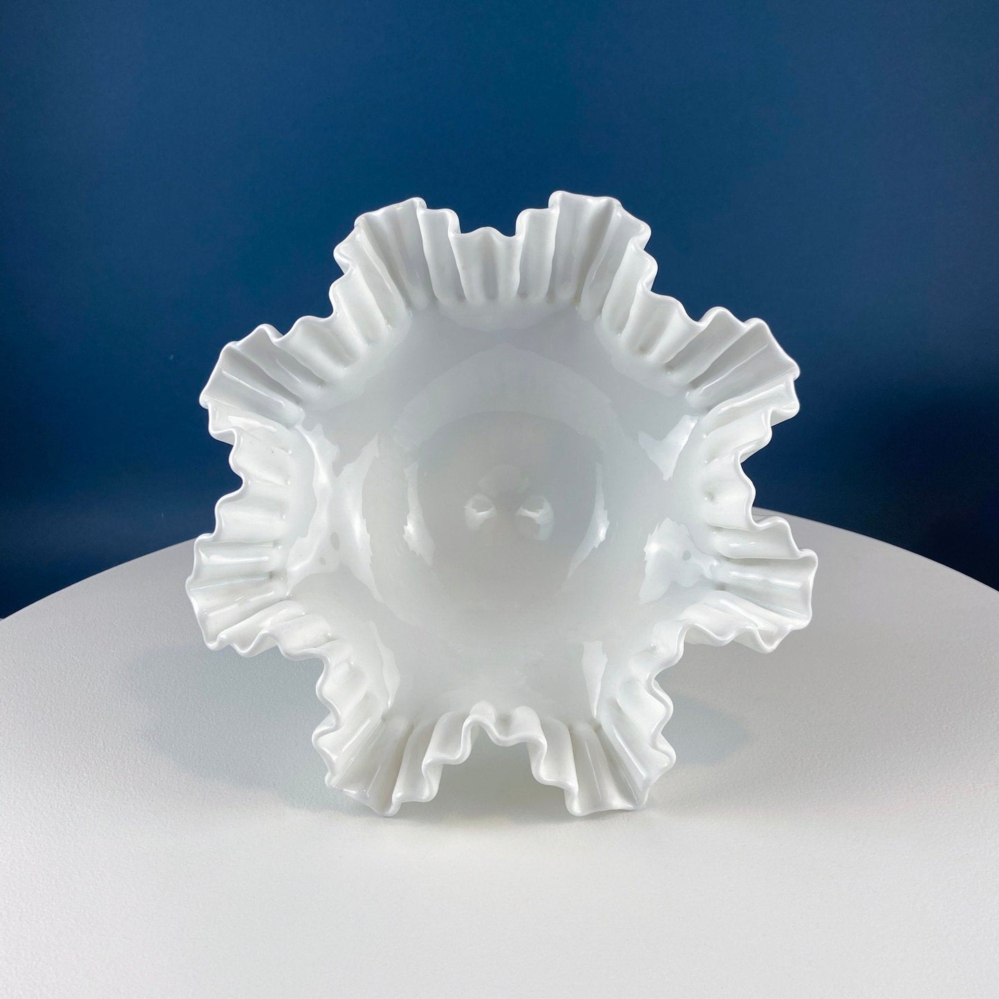 Fenton Milk Glass Hobnail Footed Bowl with Ruffled Edge. Collectible Compote. White Serving Dish. Dining Room Decor. Table Centerpiece.