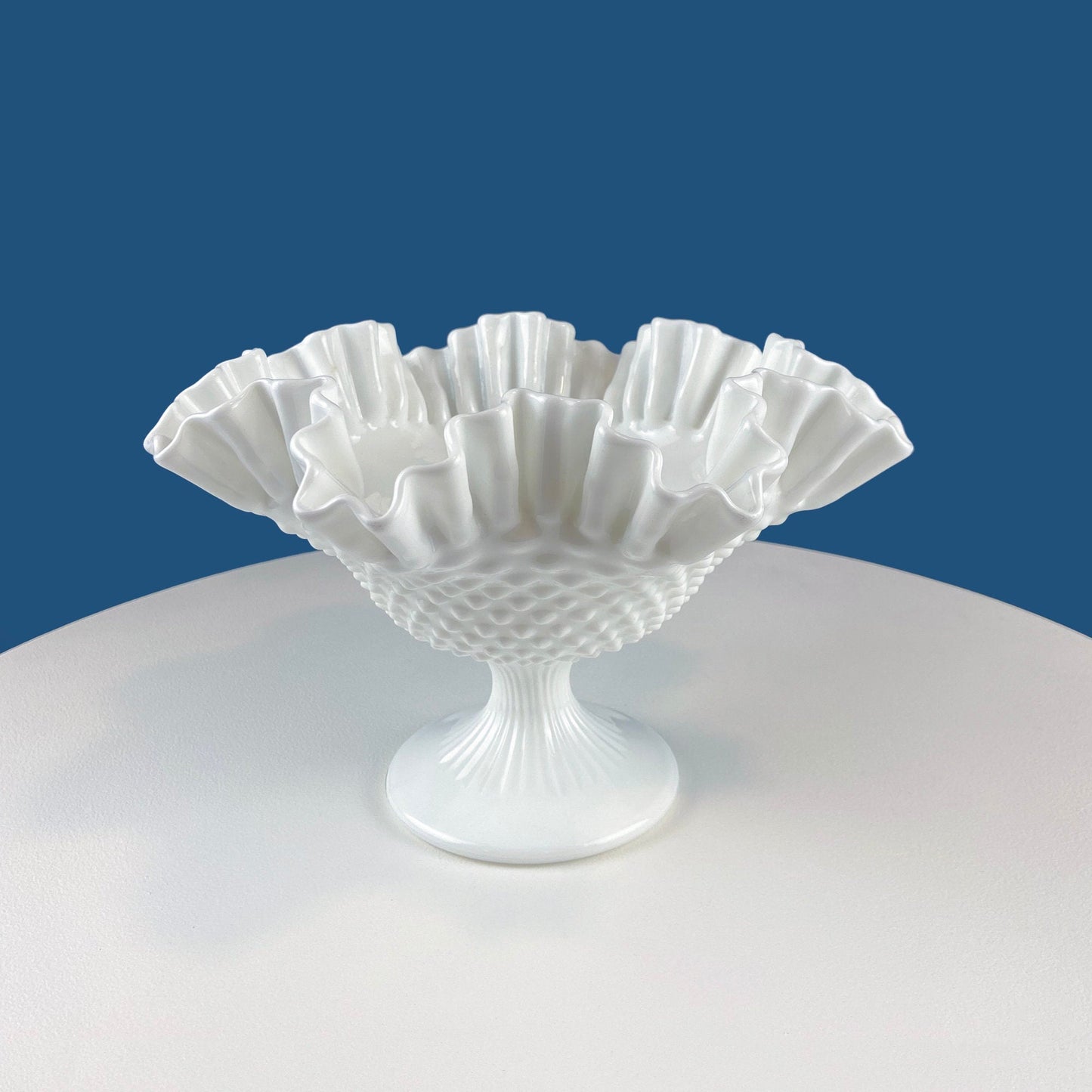 Fenton Milk Glass Hobnail Footed Bowl with Ruffled Edge. Collectible Compote. White Serving Dish. Dining Room Decor. Table Centerpiece.