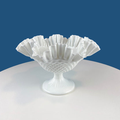 Fenton Milk Glass Hobnail Footed Bowl with Ruffled Edge. Collectible Compote. White Serving Dish. Dining Room Decor. Table Centerpiece.