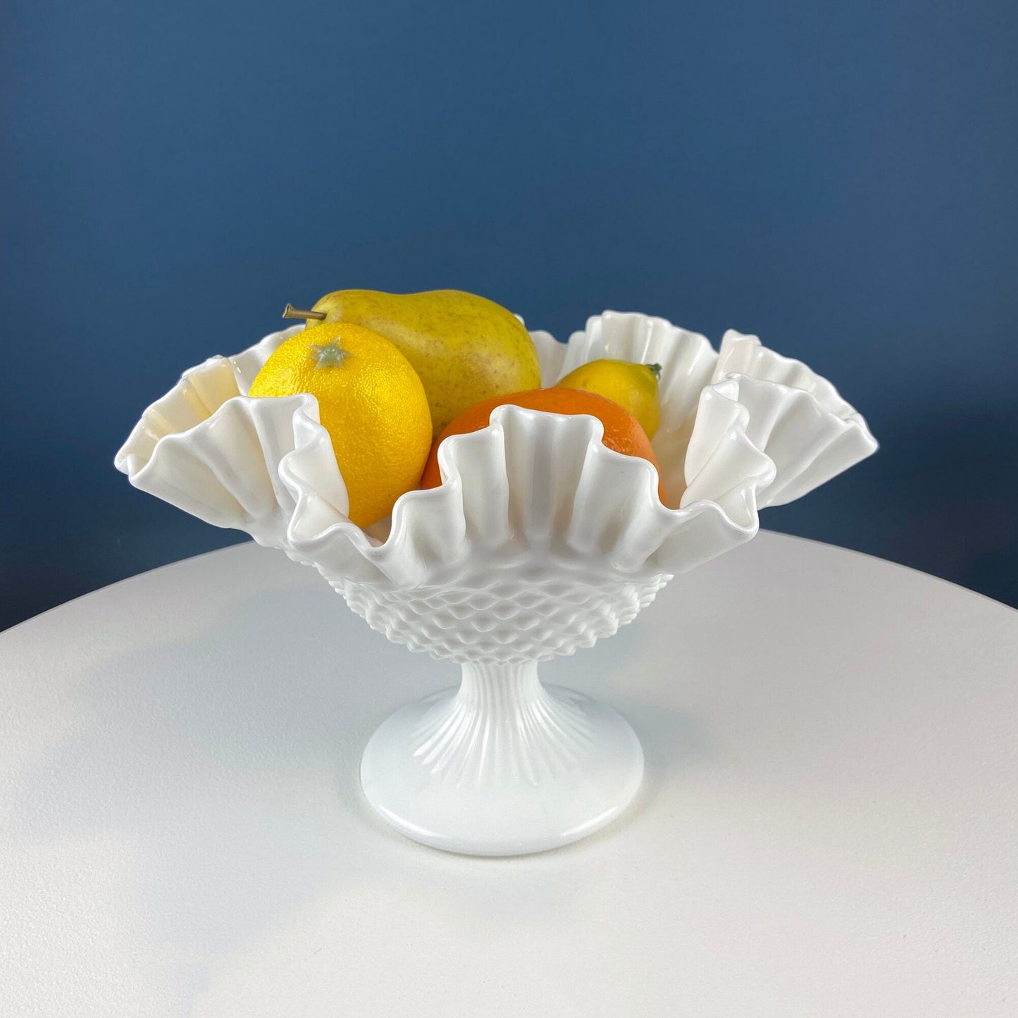 Fenton Milk Glass Hobnail Footed Bowl with Ruffled Edge. Collectible Compote. White Serving Dish. Dining Room Decor. Table Centerpiece.