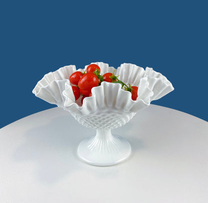 Fenton Milk Glass Hobnail Footed Bowl with Ruffled Edge. Collectible Compote. White Serving Dish. Dining Room Decor. Table Centerpiece.