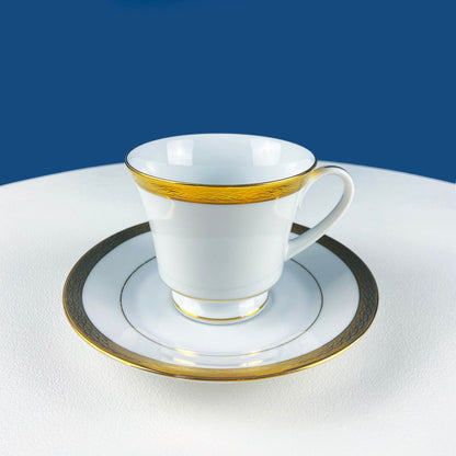 Contemporary Noritake White Cup and Saucer with Gold Rim. Classic Wedding Band China. Queen's Gold. Dining Room Decor. Minimal Design.