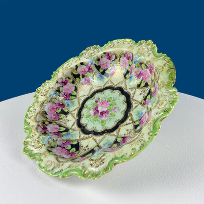 Stunning Antique Hand Painted Porcelain Bowl. Centerpiece Dish with Scalloped Edges. Gold Framework & Flowers. Dining Room Decor.