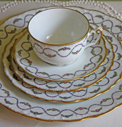 Antique Limoges Porcelain Tea Set with Clover Trim. Set of Six Dessert Plates, 5 Cups and Saucers, & Oval Serving Platter. Haviland France.