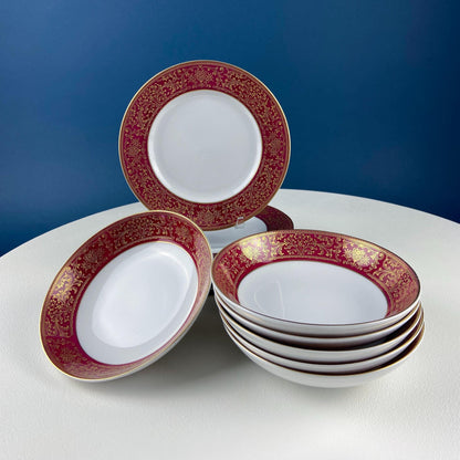 Red & Gold Salad or Dessert  Plates with Matching Berry Bowls. Floral Motif. Harmony House. Set of 6.  Dining Rm Decor. Holiday Table Decor.