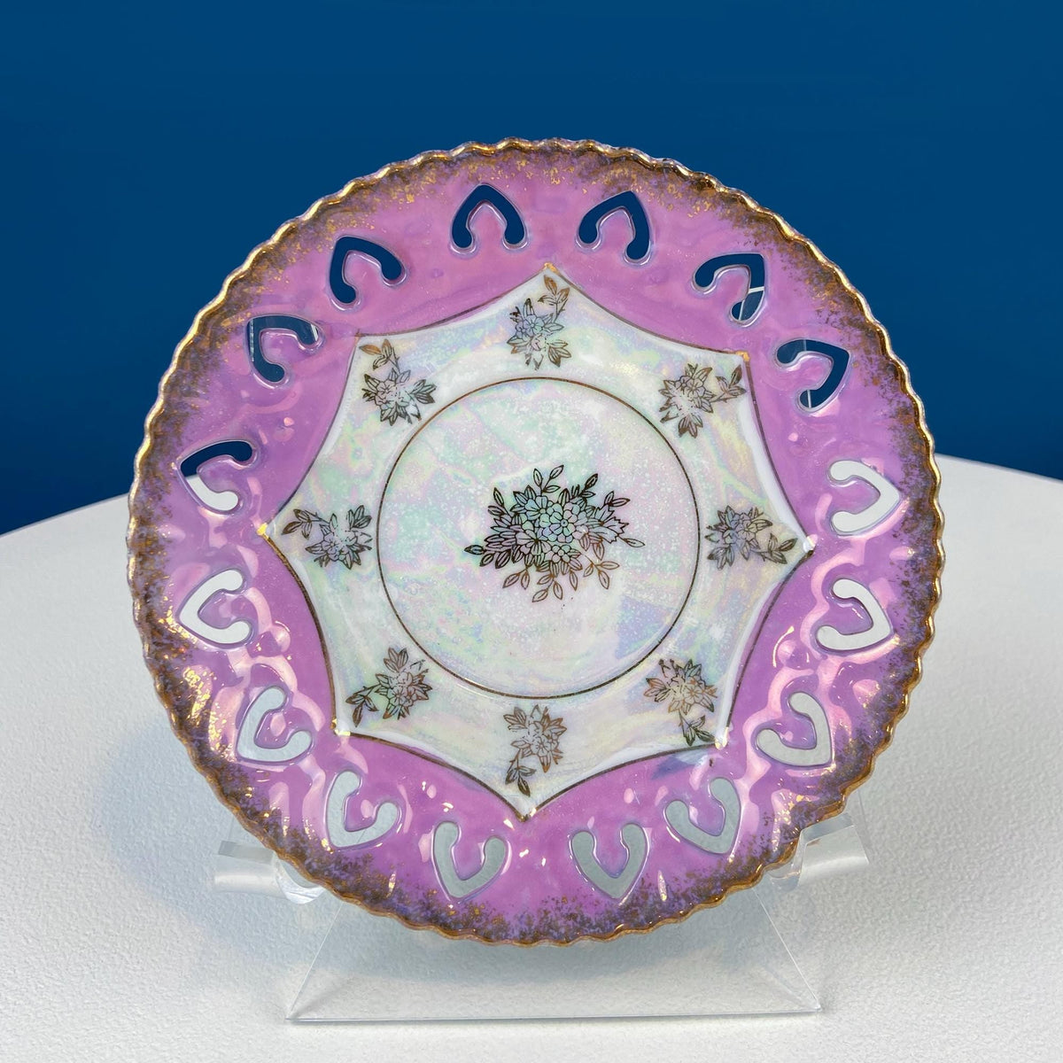 Pink Collection of Vintage Saucers. Mix & Match. Set of 5 Mostly Pink Plates with Lacey Reticulated Edges. Cute Gift Idea for Her.