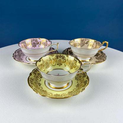 Vintage Royal Albert Brown & Gold Tea Coffee Cup and Saucer. All Over Flower Motif. Gold Leaf Border.  Buckingham Series. Hosting Essentials
