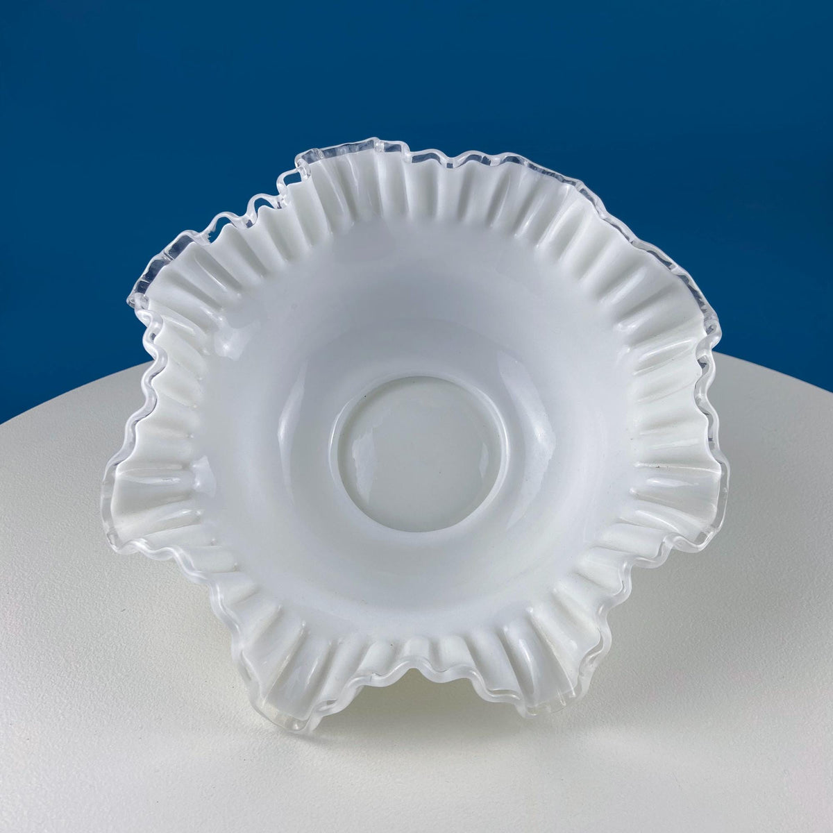 Silvercrest Bowl with Ruffled Edge. White Glass Fruit Bowl or Serving Dish with Clear Brim. Table Centerpiece. Serviceware. Wedding Gift.