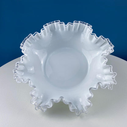 Large Silvercrest Bowl with Ruffled Edge. White Glass Fruit Bowl or Serving Dish with Clear Brim. Table Centerpiece. Wedding Gift.
