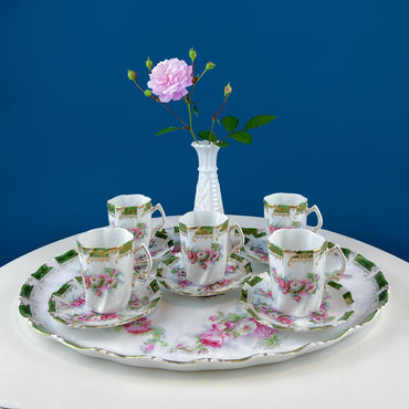Antique Hot Chocolate or Coco Serving Set. Wild Roses Motif. Oval Hand-Painted Tray & Five Matching Cups. Anniversary Gift. Gift for Mom.