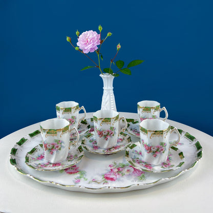 Antique Hot Chocolate or Coco Serving Set. Wild Roses Motif. Oval Hand-Painted Tray & Five Matching Cups. Anniversary Gift. Gift for Mom.
