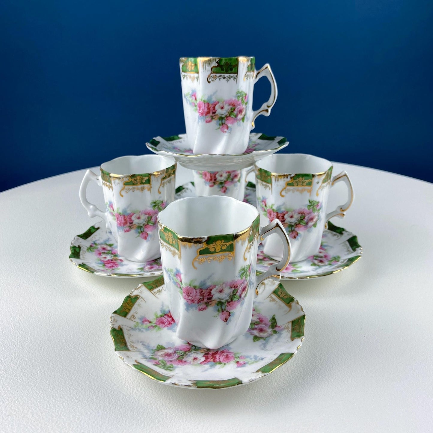 Antique Hot Chocolate or Coco Serving Set. Wild Roses Motif. Oval Hand-Painted Tray & Five Matching Cups. Anniversary Gift. Gift for Mom.