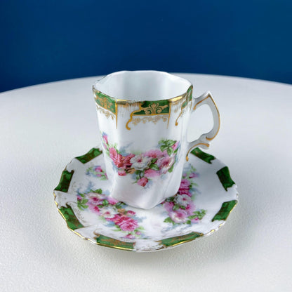 Antique Hot Chocolate or Coco Serving Set. Wild Roses Motif. Oval Hand-Painted Tray & Five Matching Cups. Anniversary Gift. Gift for Mom.