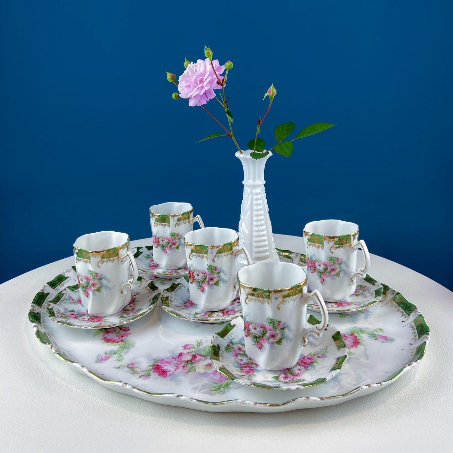 Antique Hot Chocolate or Coco Serving Set. Wild Roses Motif. Oval Hand-Painted Tray & Five Matching Cups. Anniversary Gift. Gift for Mom.